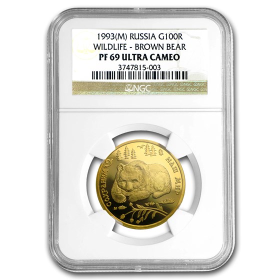 1993 Russia 1/2 oz Gold 100 Roubles Brown Bear PF-69 NGC 1993 Russia 1/2 oz Gold 100 Roubles Brown Bear PF-69 NGC